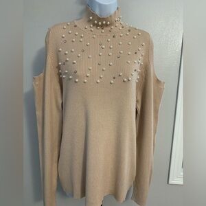 VENUS Beige Sweater with Pearl and Rhinestone Details